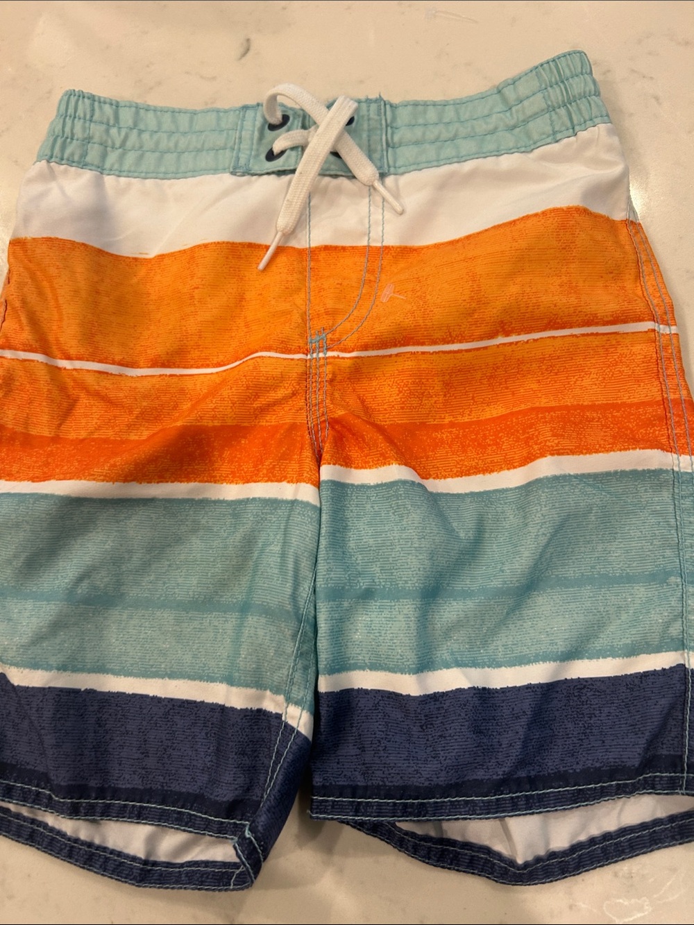 Old Navy Boys Orange, Light Blue, Navy Striped Swim Trunks